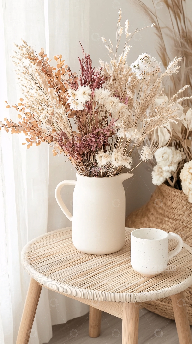 高清大图下载【趣麦麦图】干花装饰白色陶瓷壶摆拍场景