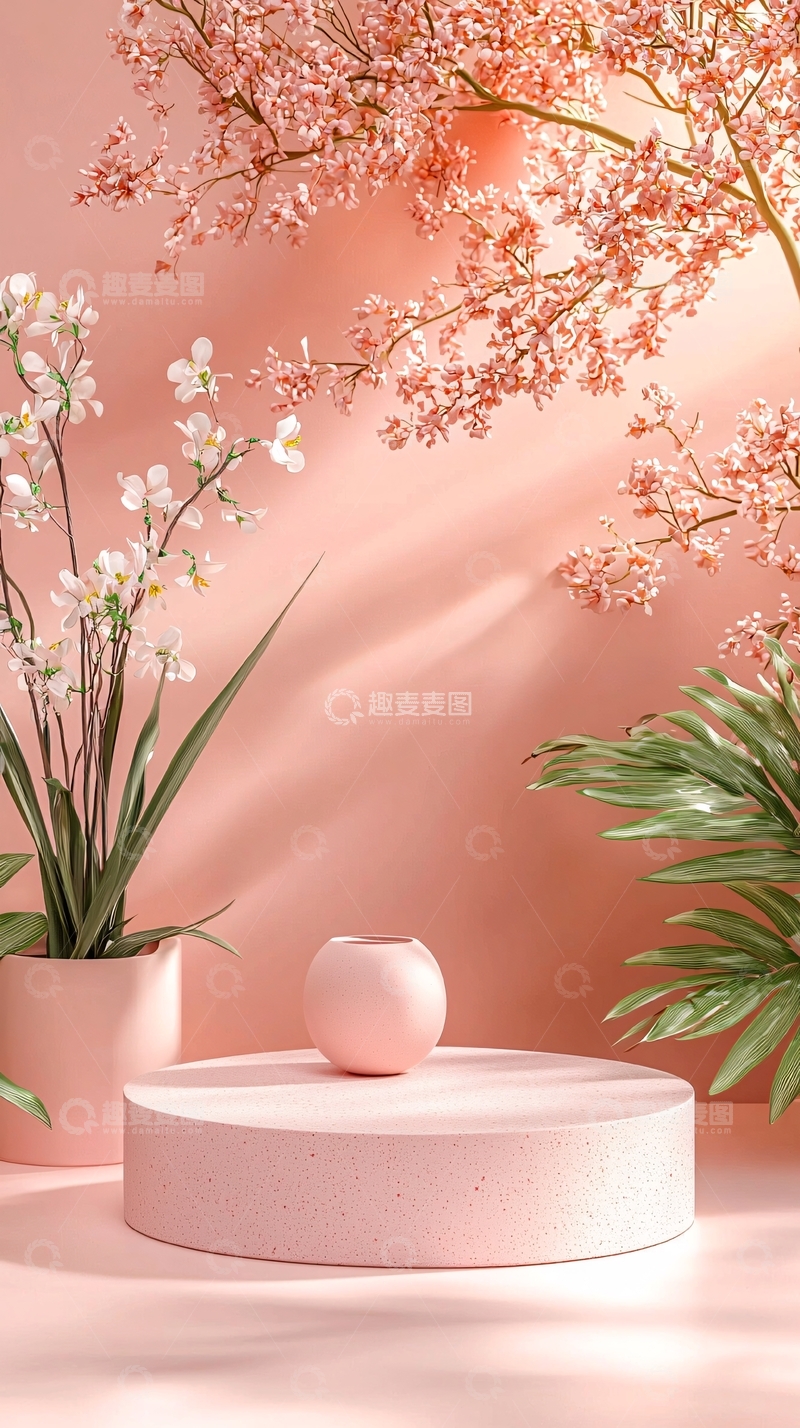 高清大图下载【趣麦麦图】粉色背景下的花艺展示