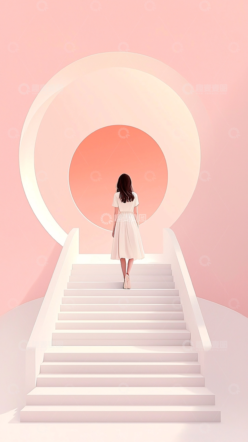 高清大图下载【趣麦麦图】粉色背景下的楼梯与圆环