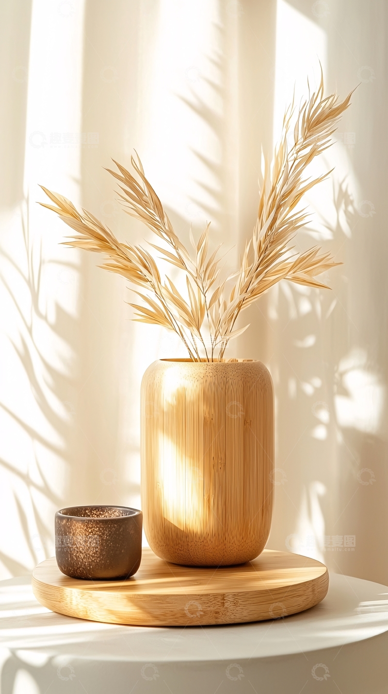 高清大图下载【趣麦麦图】自然光下的木质花瓶与干草装饰