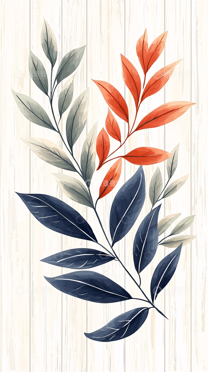 高清大图下载【趣麦麦图】秋叶树枝插画背景图