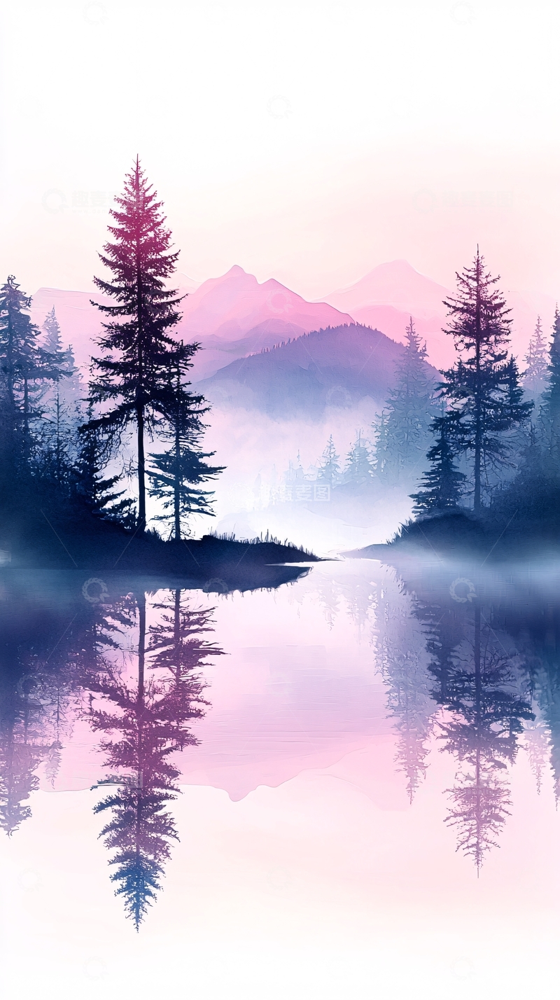 高清大图下载【趣麦麦图】晨雾中的森林湖泊