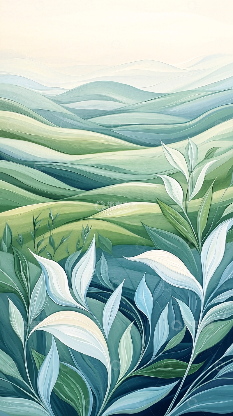 高清大图下载【趣麦麦图】绿色山丘与植物的艺术插画