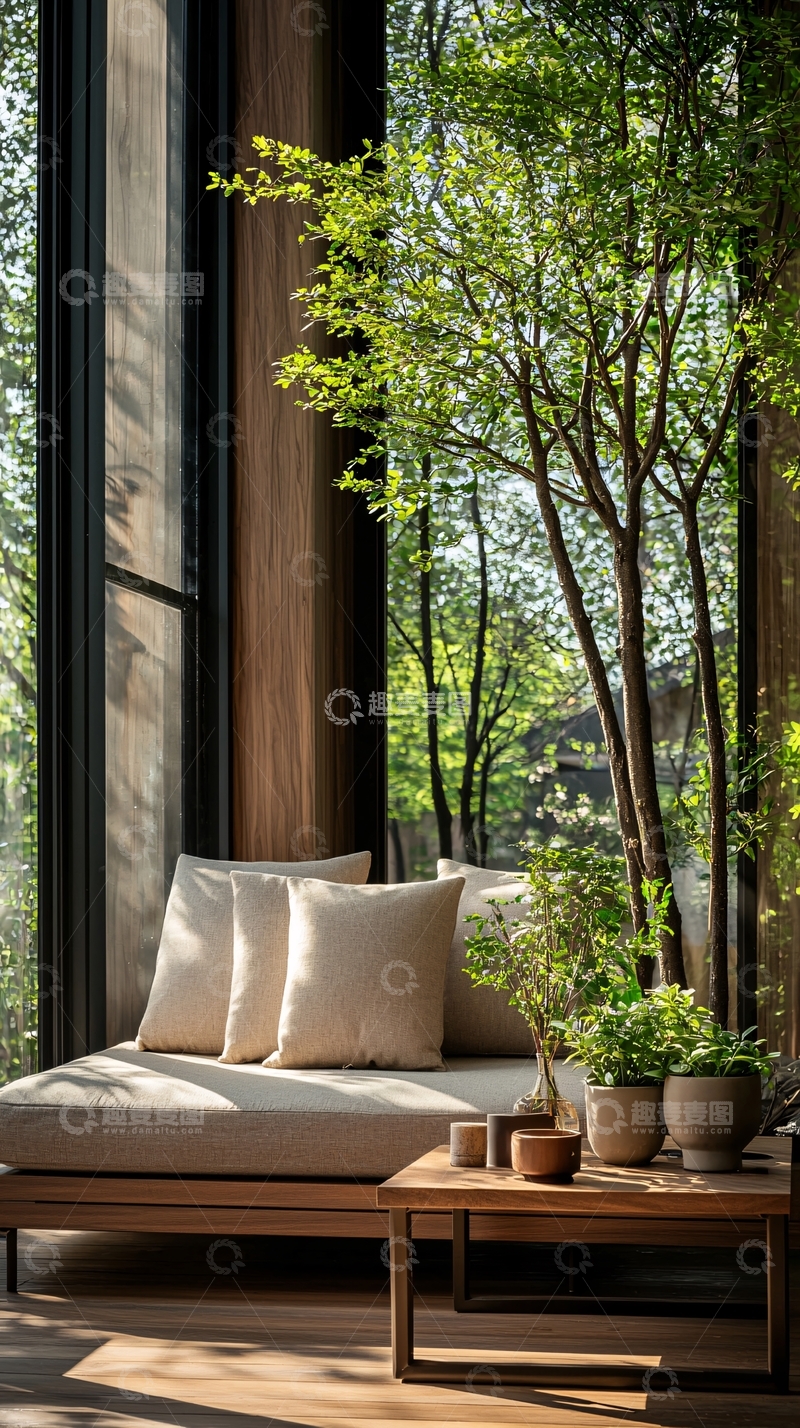 高清大图下载【趣麦麦图】阳光透过窗纱的室内植物装饰