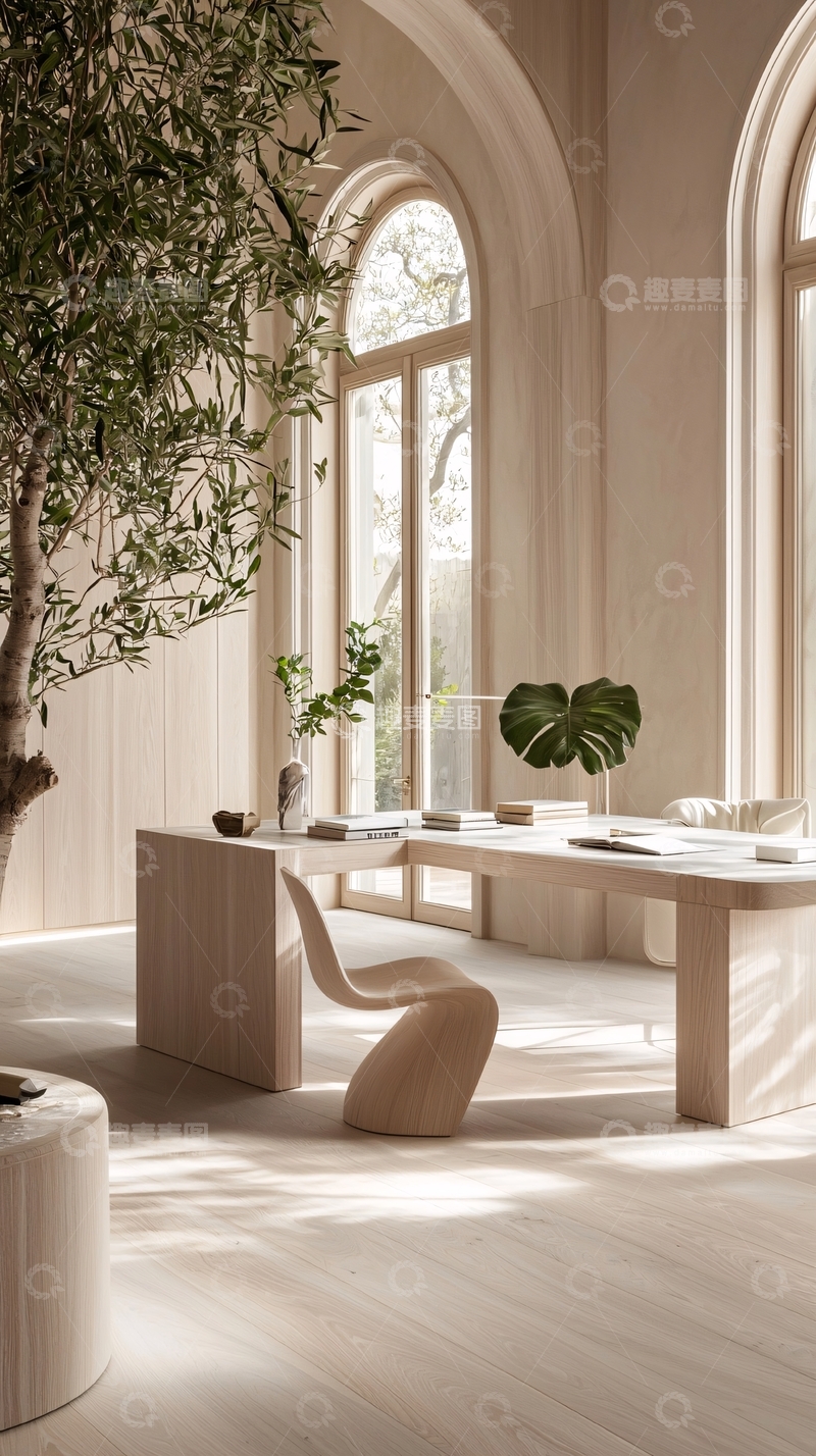 高清大图下载【趣麦麦图】自然光下的简约木质书房