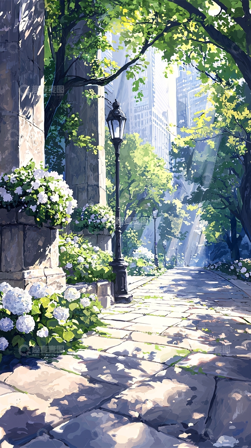 高清大图下载【趣麦麦图】阳光下的石板路与绿树