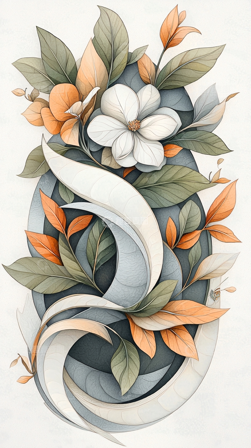 高清大图下载【趣麦麦图】秋日花卉与抽象线条艺术插画