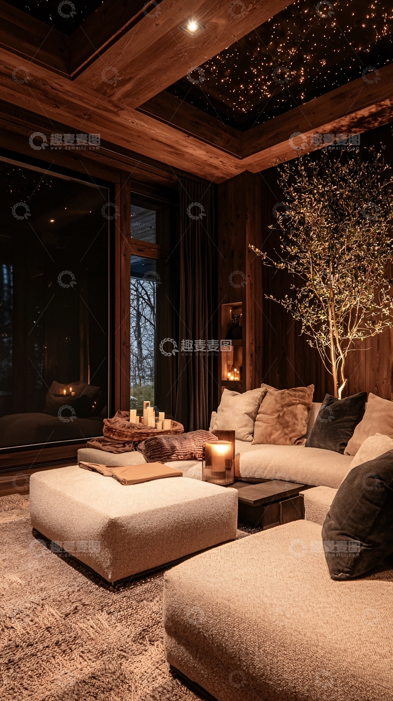 高清大图下载【趣麦麦图】温馨木屋客厅夜景