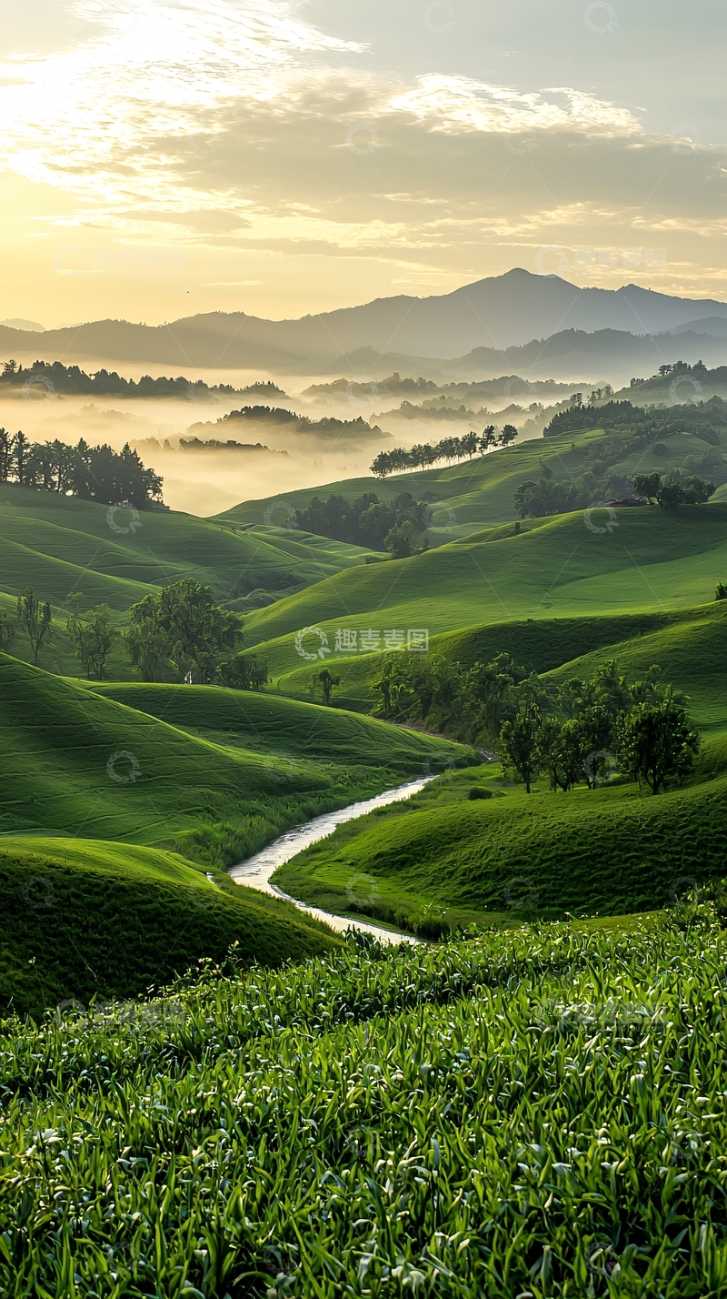 高清大图下载【趣麦麦图】晨雾中的绿色山丘