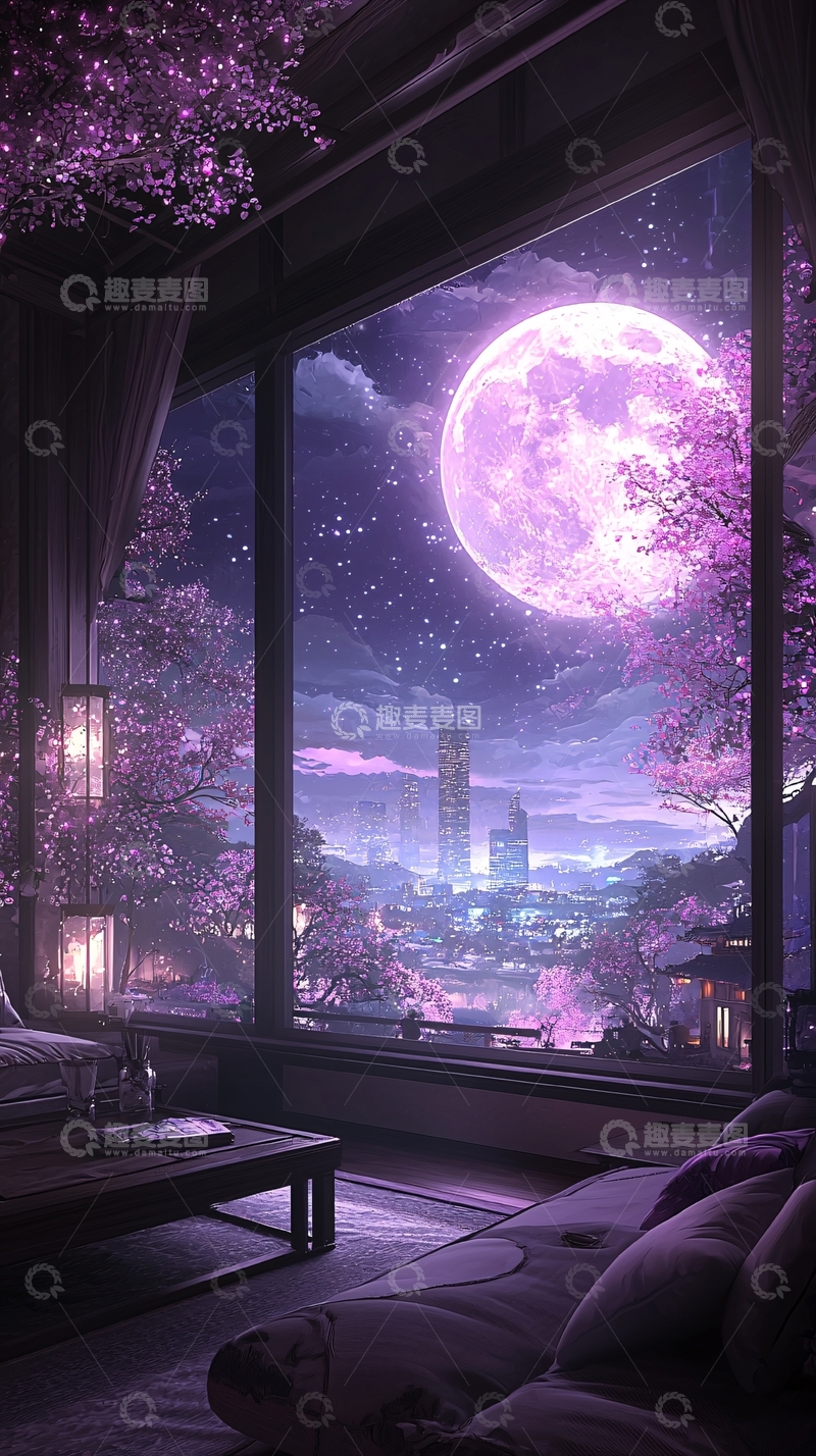 高清大图下载【趣麦麦图】紫色月光下的城市夜景