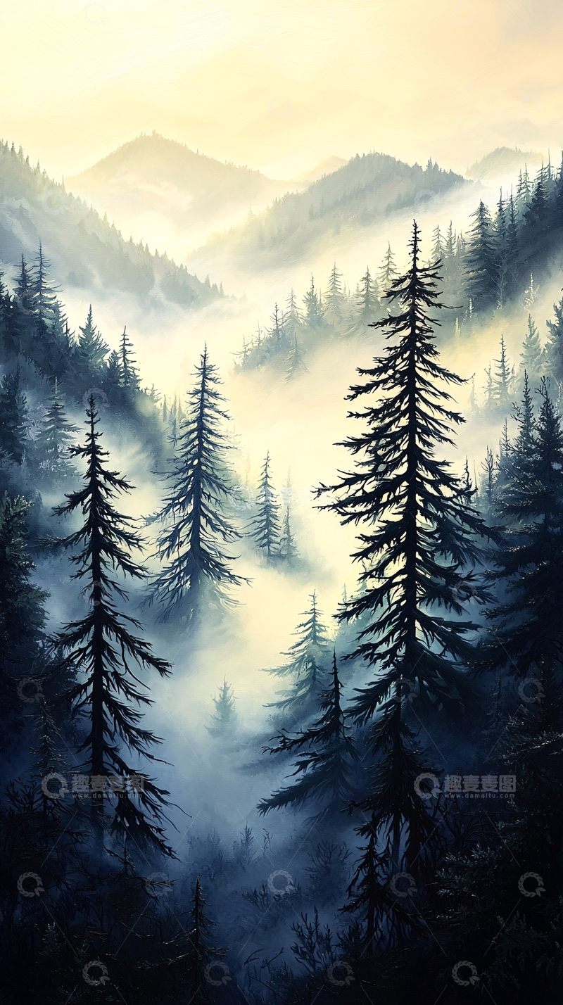 高清大图下载【趣麦麦图】晨雾中的松树林