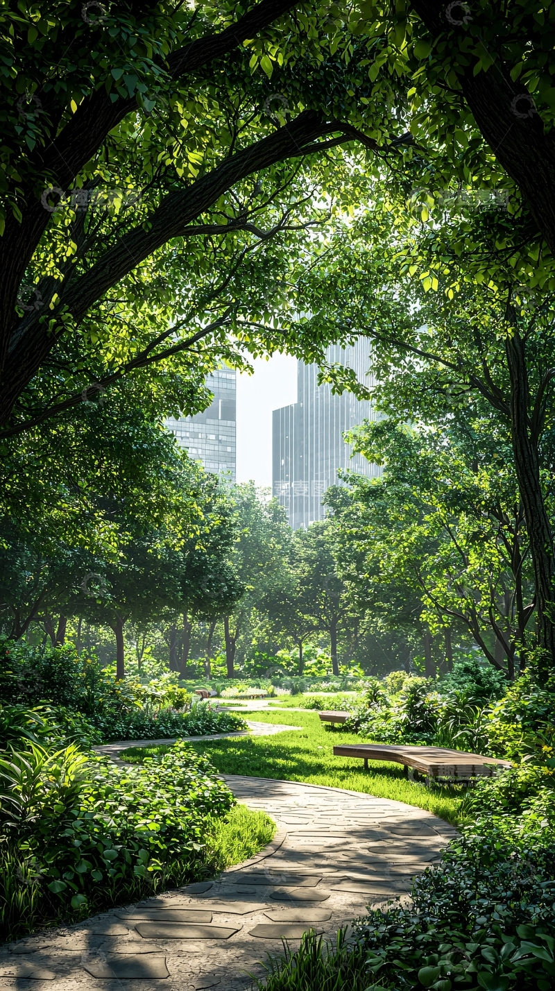 高清大图下载【趣麦麦图】城市公园中的石径与绿树