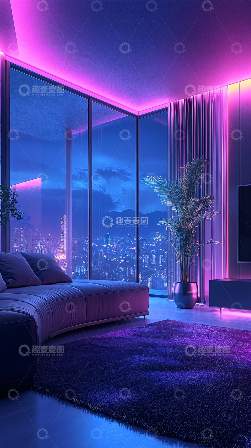 高清大图下载【趣麦麦图】霓虹灯下的现代客厅