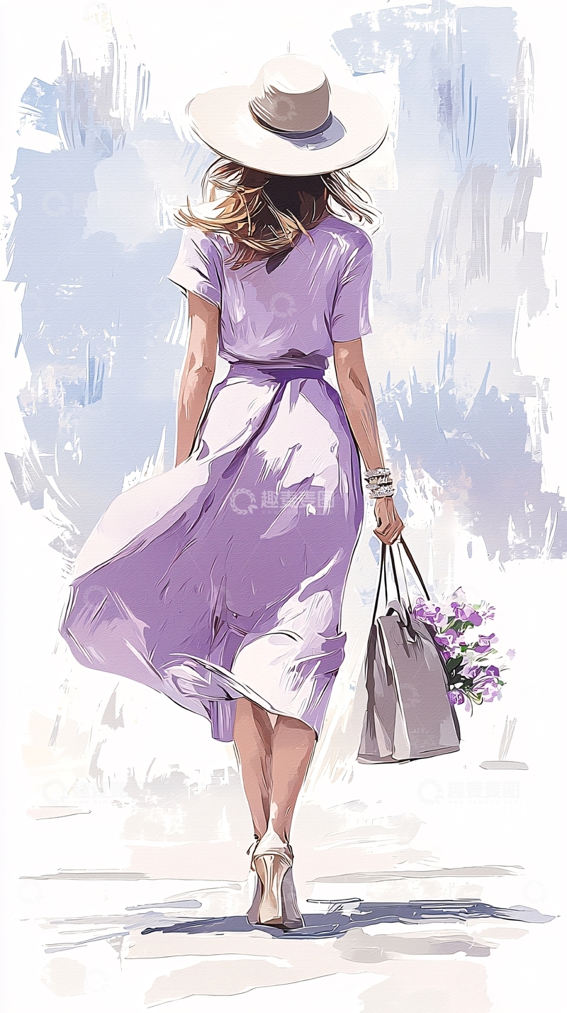 高清大图下载【趣麦麦图】紫色连衣裙时尚女性手绘插画