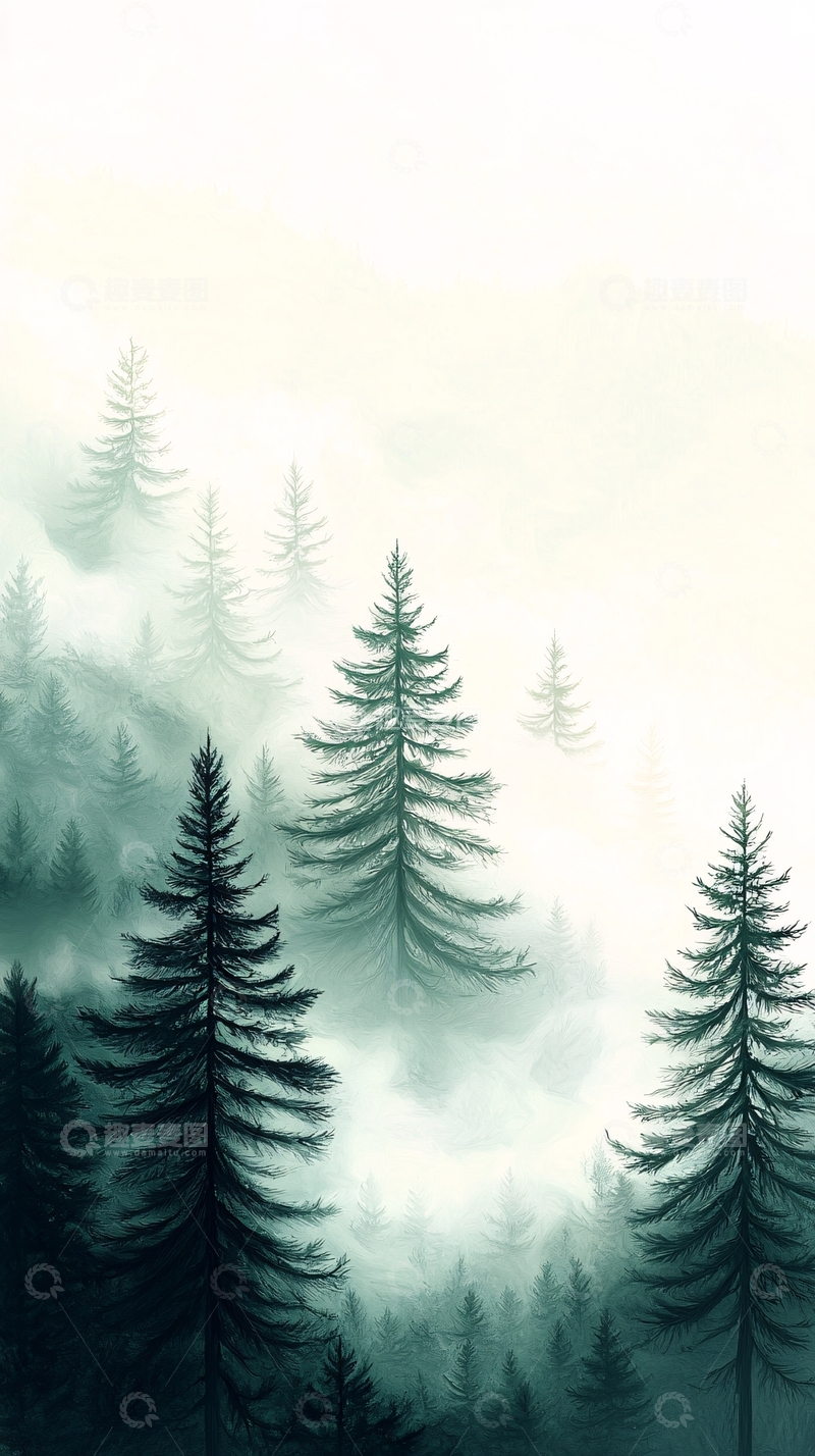 高清大图下载【趣麦麦图】雾中松林风景图