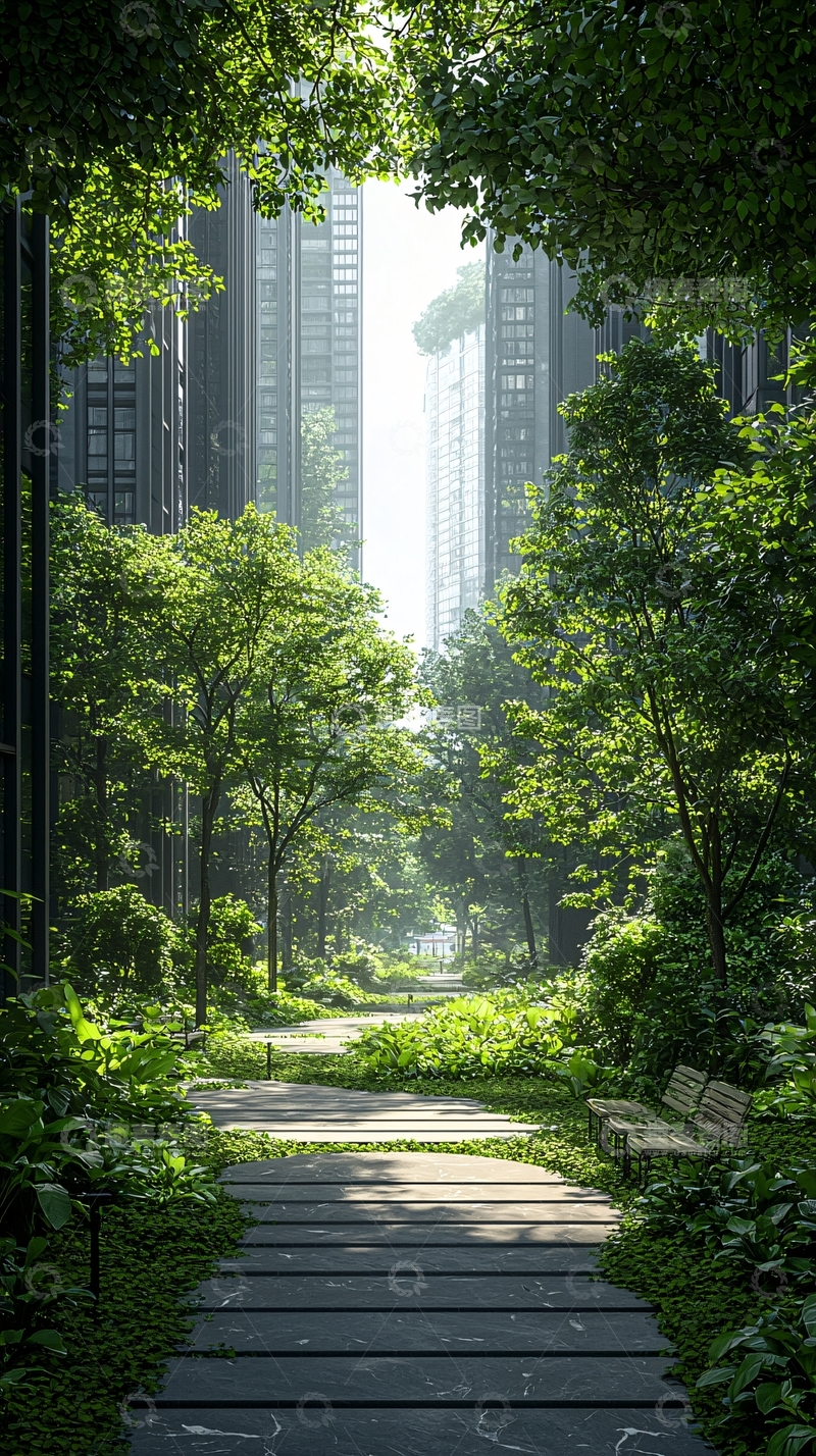 高清大图下载【趣麦麦图】城市森林中的石板小径