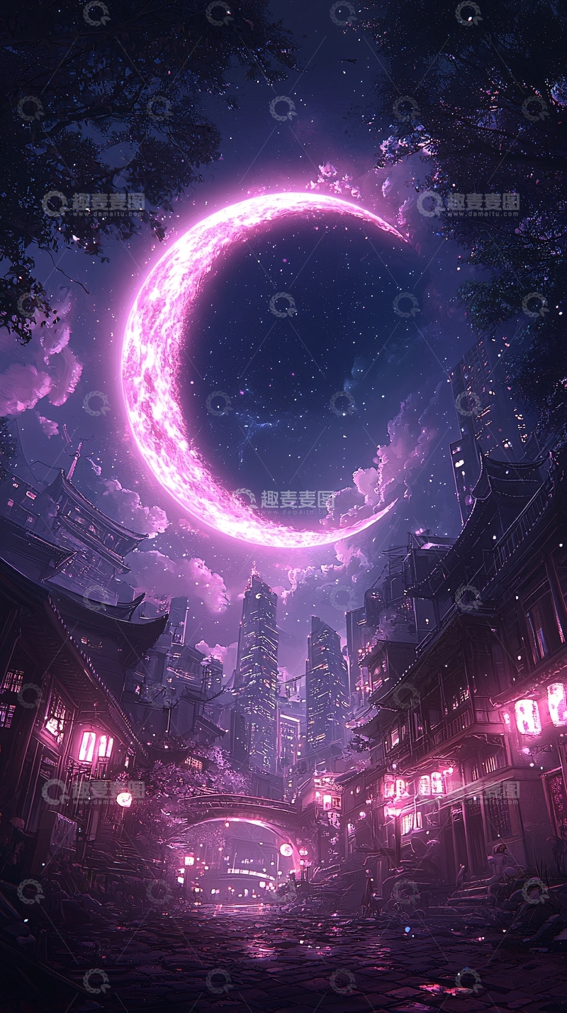 高清大图下载【趣麦麦图】梦幻紫月下的古街夜景