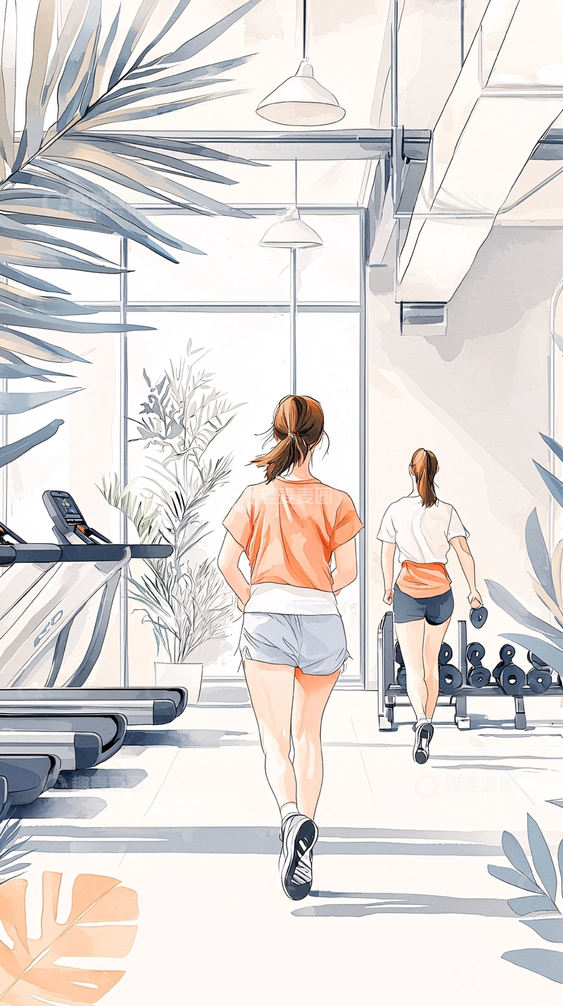 高清大图下载【趣麦麦图】健身房晨跑场景插画