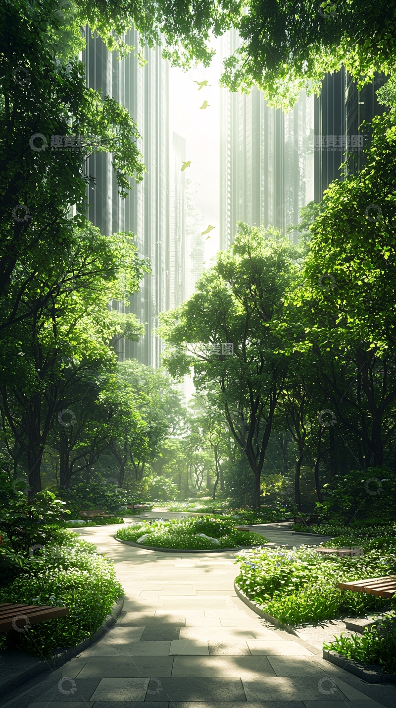高清大图下载【趣麦麦图】城市森林中的阳光小径