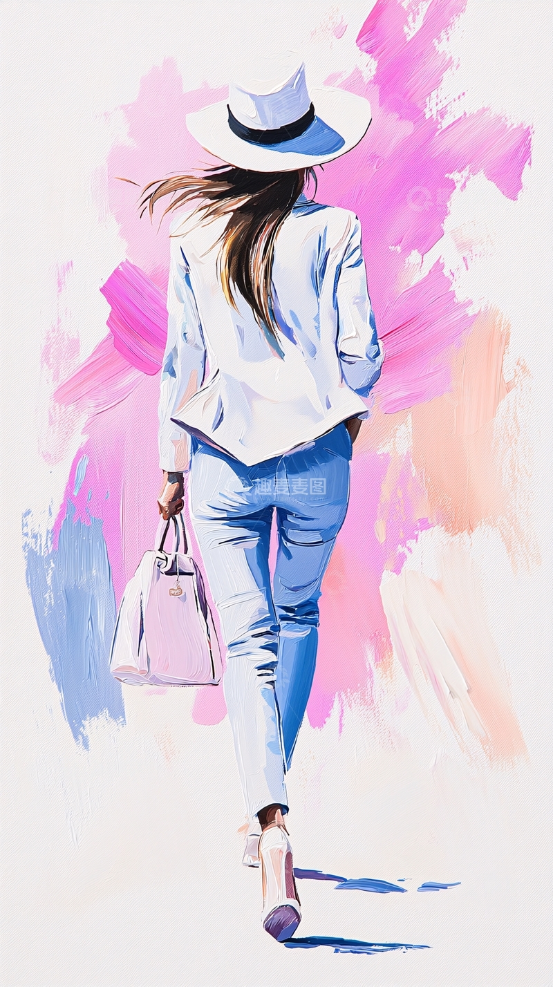 高清大图下载【趣麦麦图】时尚女性背影手提包画风插图