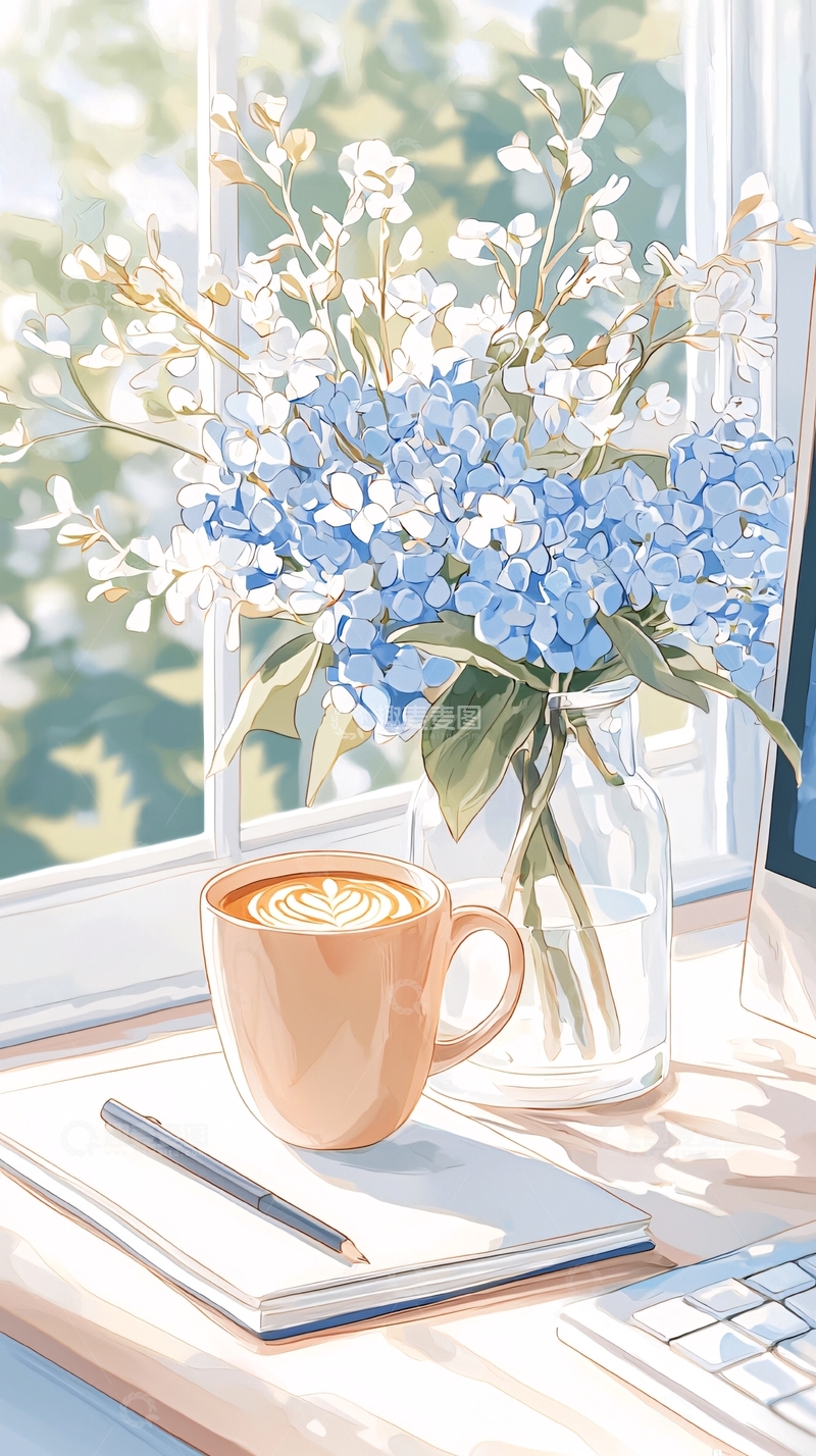 高清大图下载【趣麦麦图】窗边咖啡与花束插画