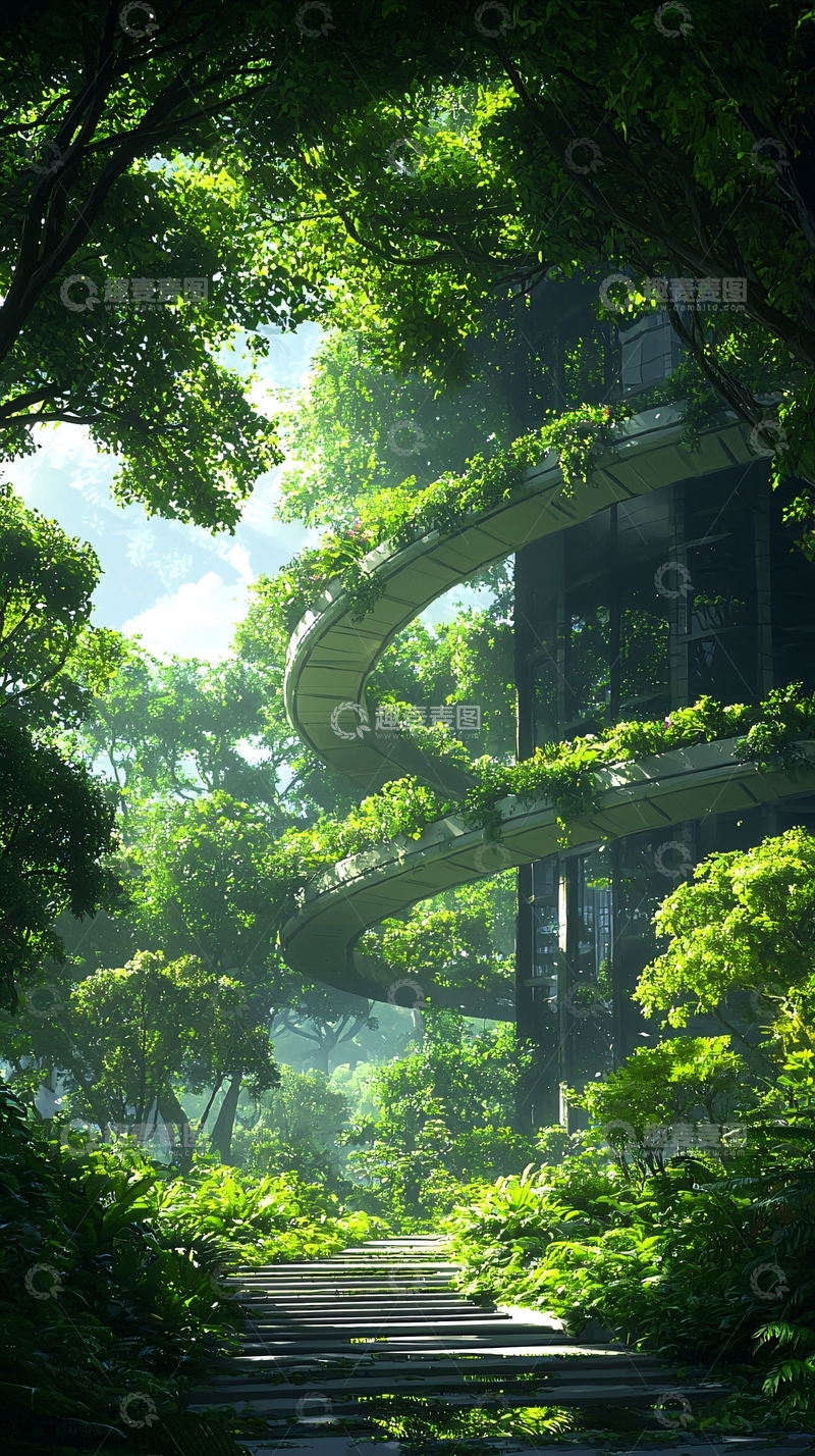 高清大图下载【趣麦麦图】绿色森林中的螺旋楼梯