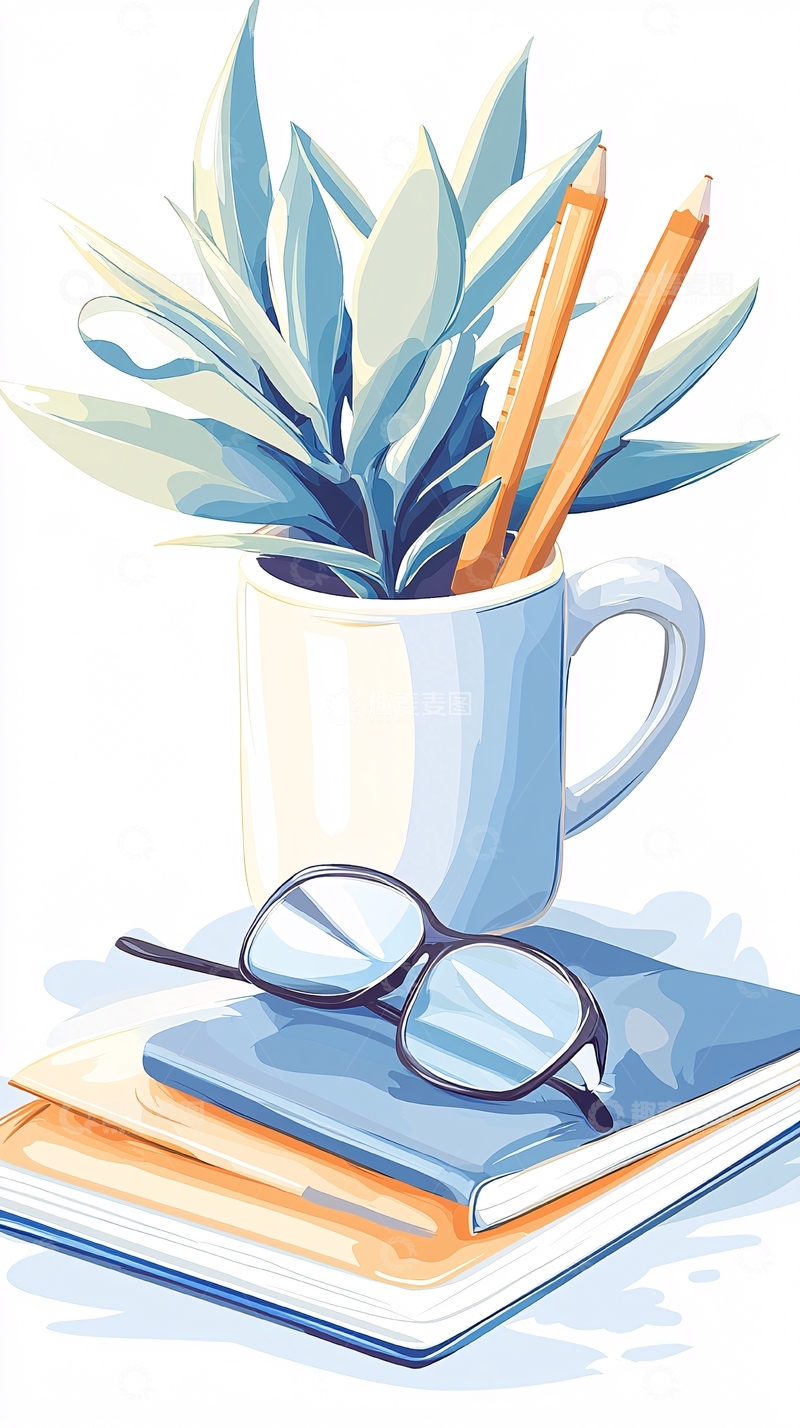高清大图下载【趣麦麦图】办公桌上的文具与植物插图