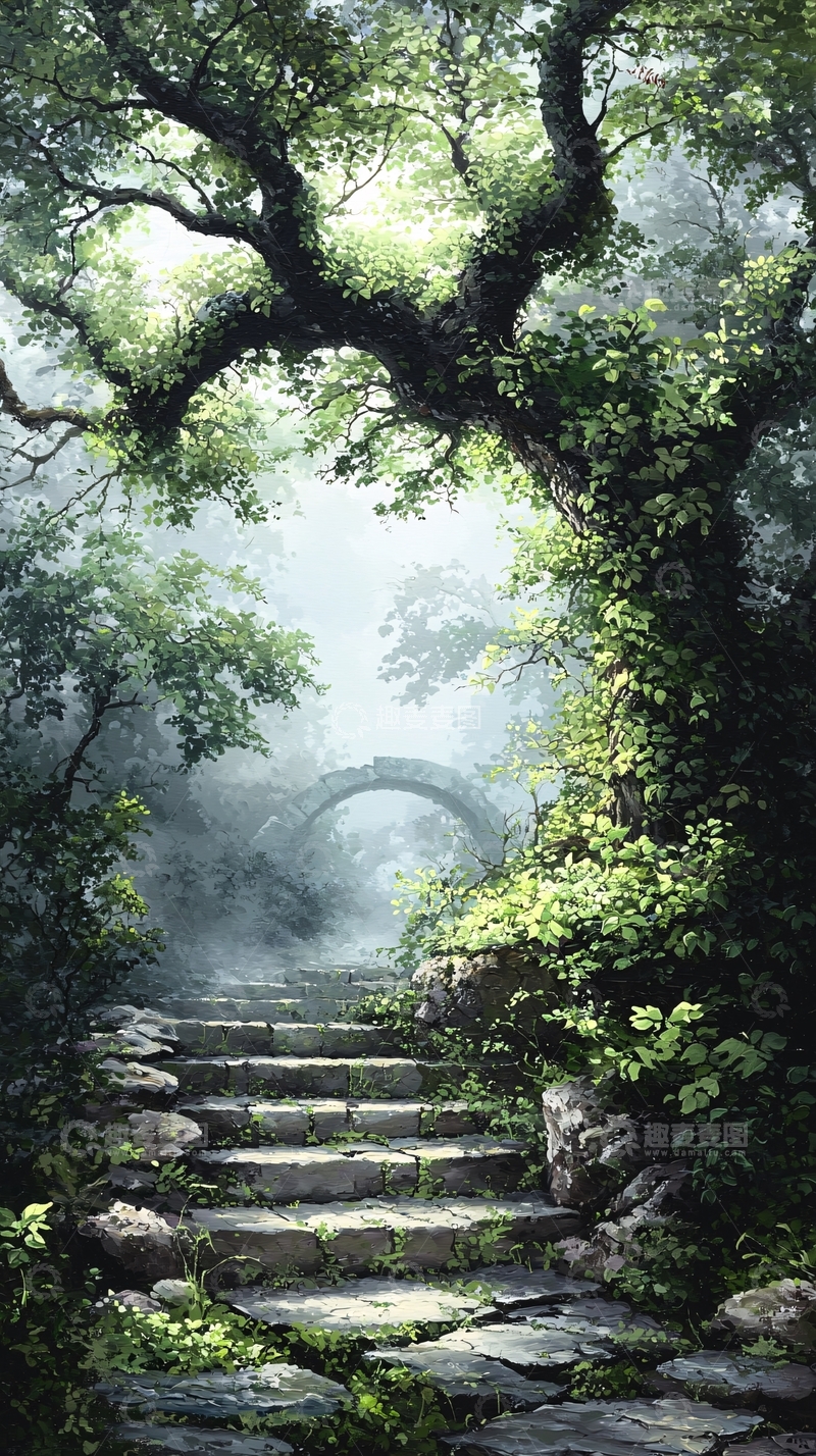 高清大图下载【趣麦麦图】神秘森林中的石阶与古桥