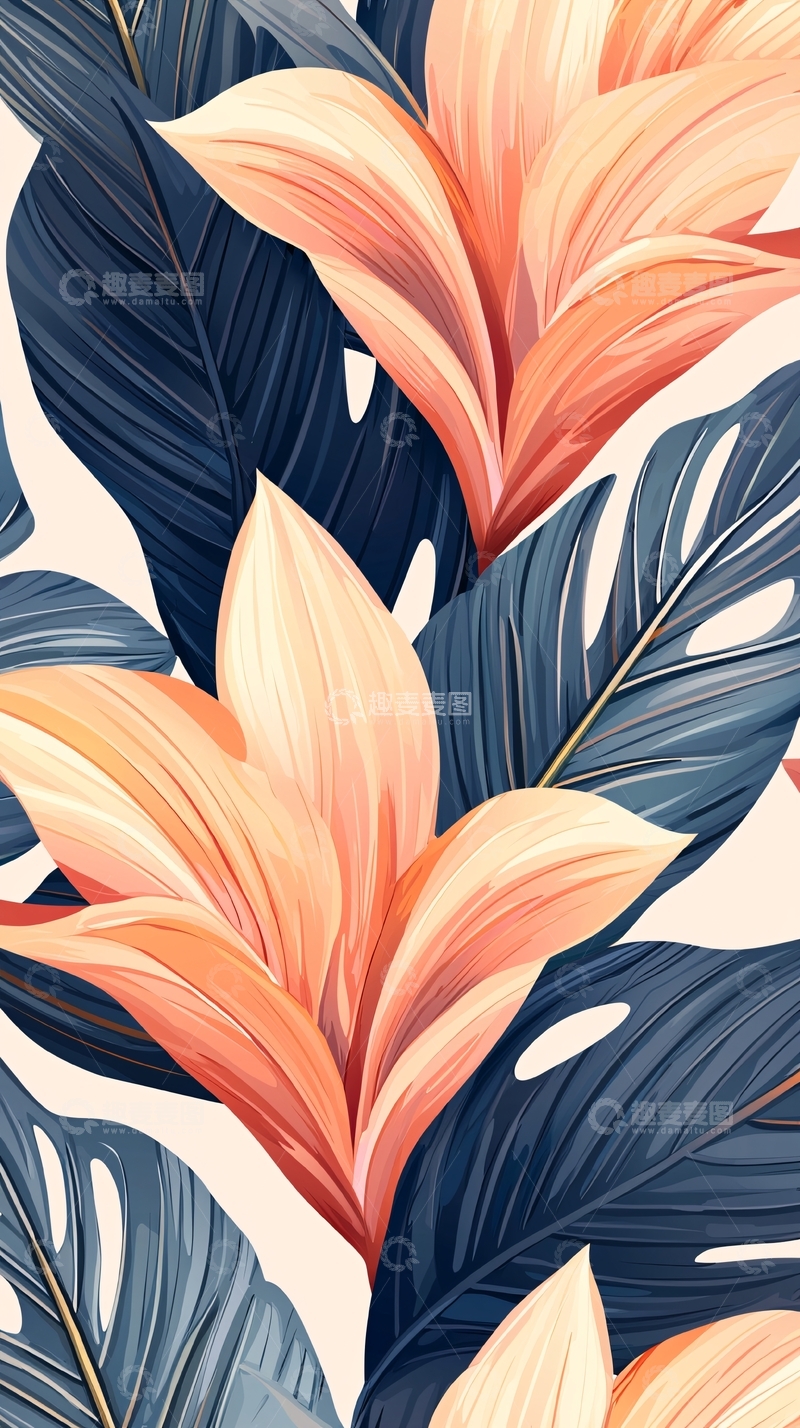 高清大图下载【趣麦麦图】热带花卉与深蓝叶子背景