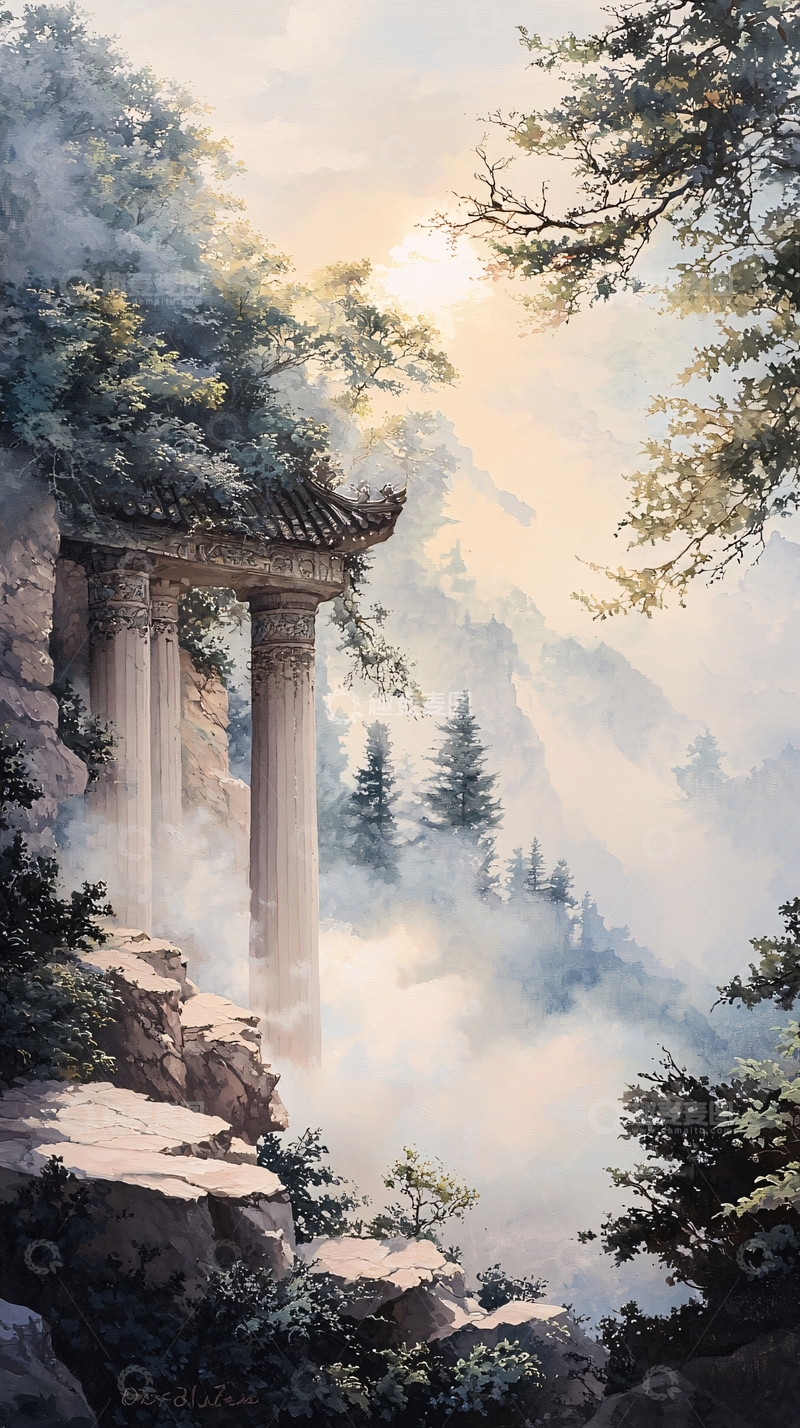 高清大图下载【趣麦麦图】古庙山间晨雾