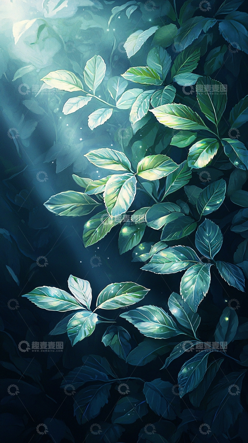 高清大图下载【趣麦麦图】梦幻森林光影树叶背景图