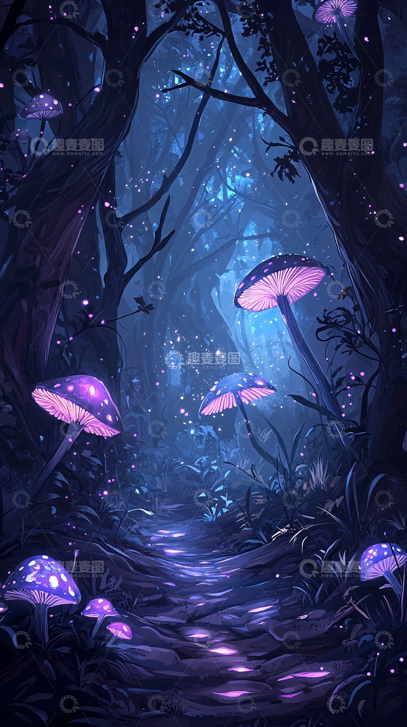 高清大图下载【趣麦麦图】梦幻森林中的发光蘑菇