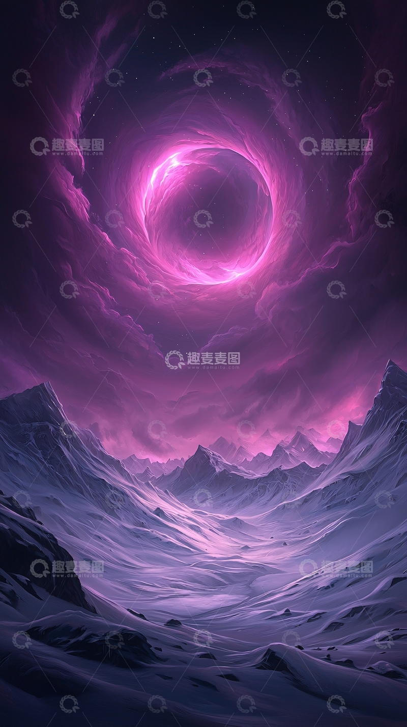 高清大图下载【趣麦麦图】紫色漩涡星空下的雪山