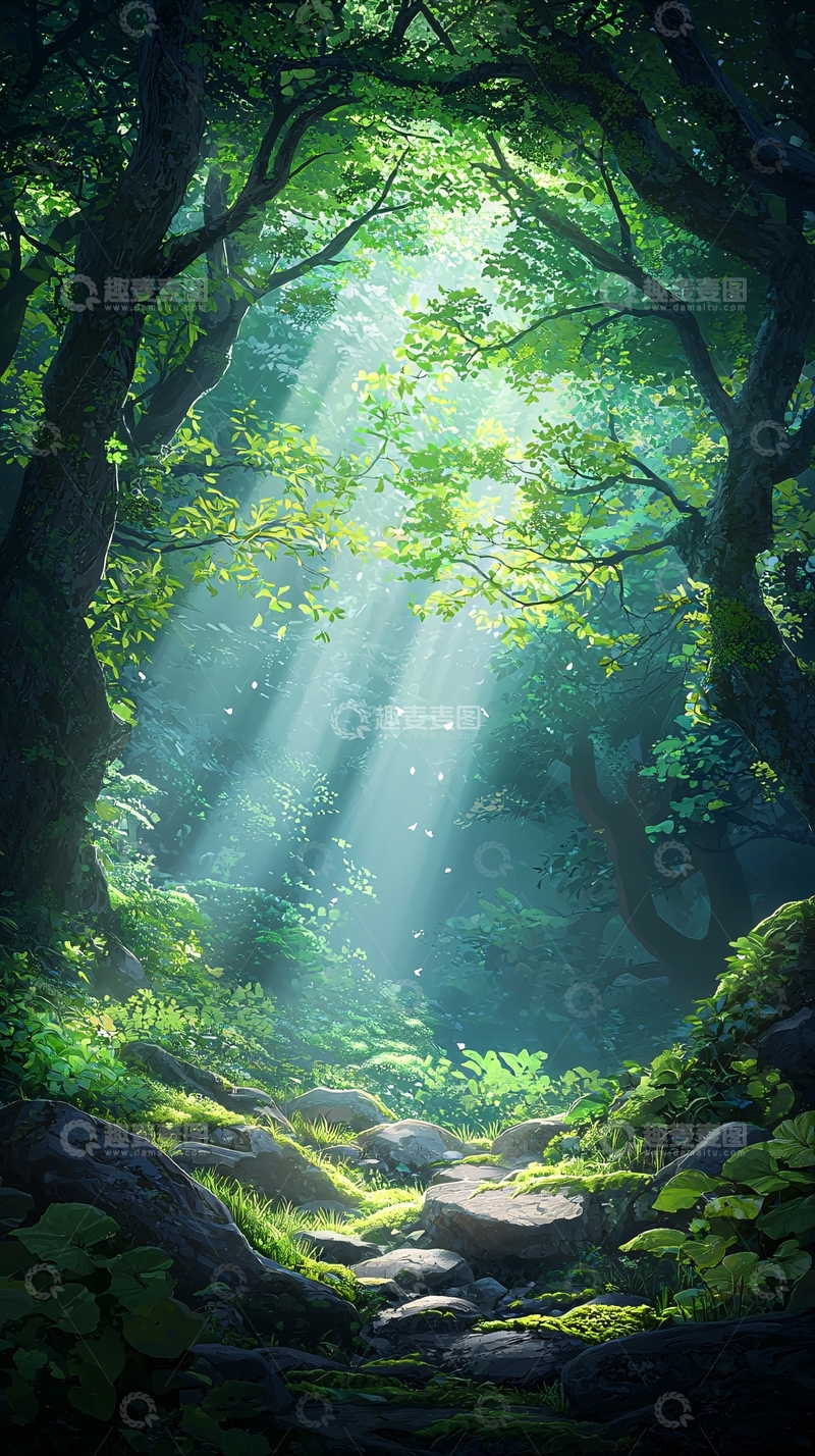 高清大图下载【趣麦麦图】森林中的阳光穿透树冠