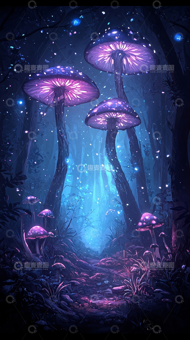 高清大图下载【趣麦麦图】梦幻森林中的发光蘑菇
