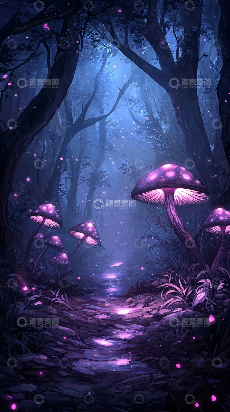 高清大图下载【趣麦麦图】梦幻森林中的发光蘑菇