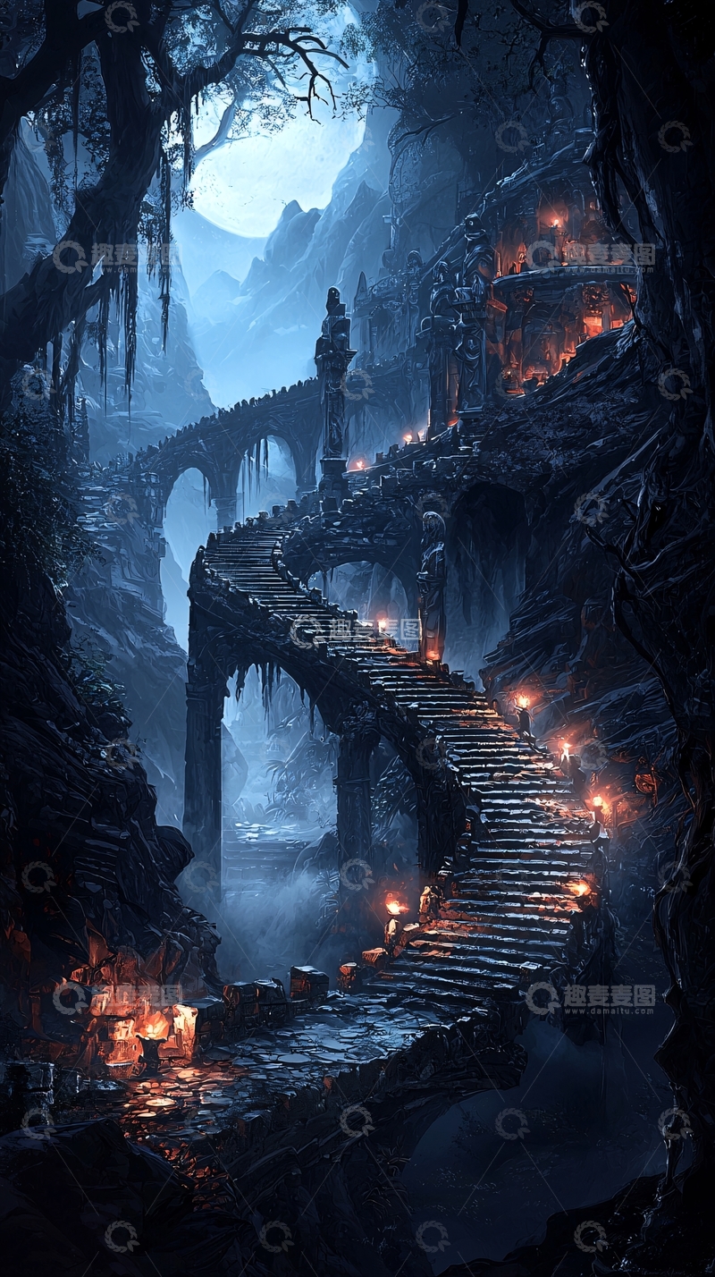 高清大图下载【趣麦麦图】神秘石阶与月光下的奇幻城堡