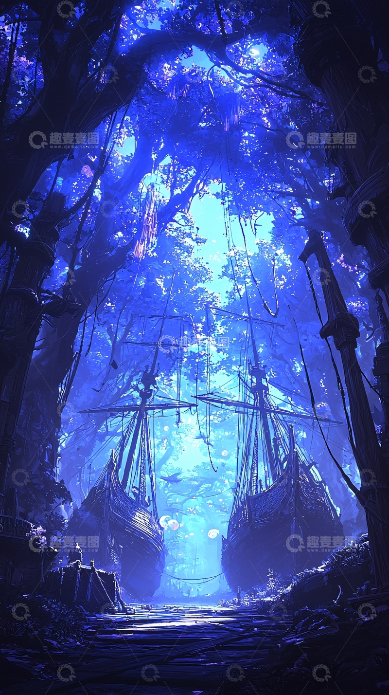 高清大图下载【趣麦麦图】幽蓝森林中的古船