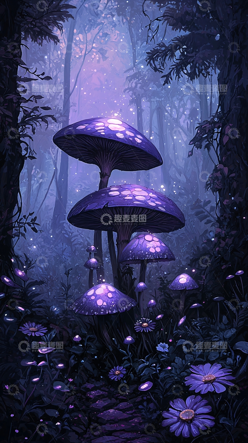 高清大图下载【趣麦麦图】梦幻森林中的紫色蘑菇