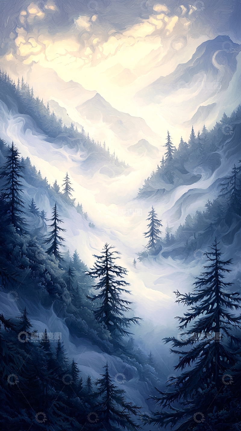 高清大图下载【趣麦麦图】冬日山林雾气弥漫