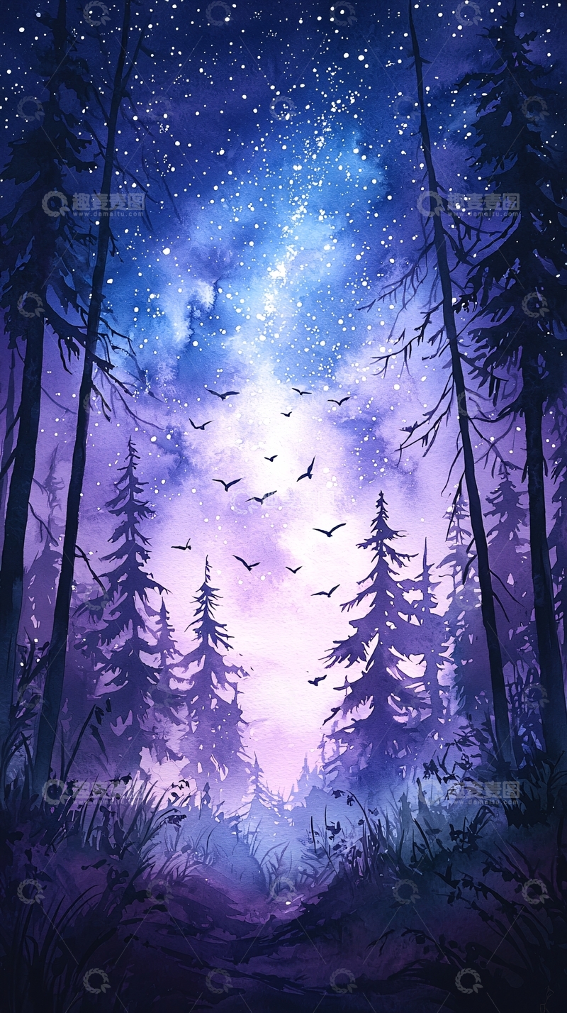 高清大图下载【趣麦麦图】夜色森林星辰鸟群