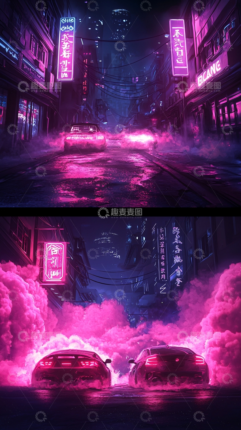 高清大图下载【趣麦麦图】霓虹夜景赛车追逐
