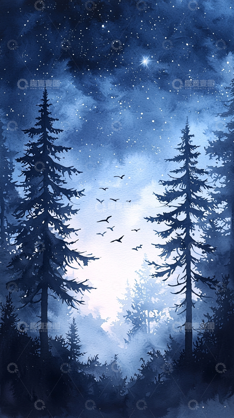 高清大图下载【趣麦麦图】冬夜森林星空鸟群