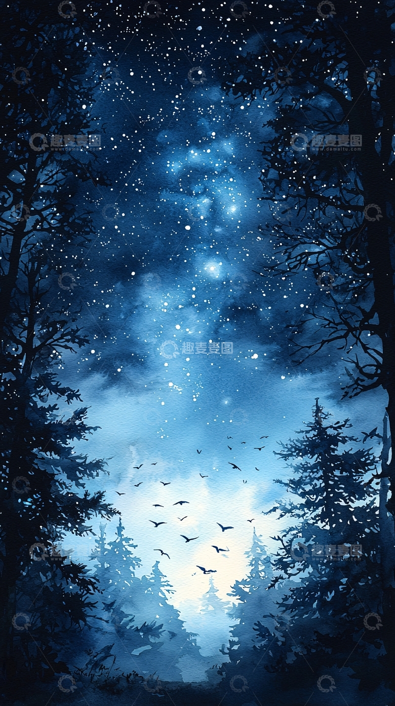 高清大图下载【趣麦麦图】夜空下的森林与飞鸟