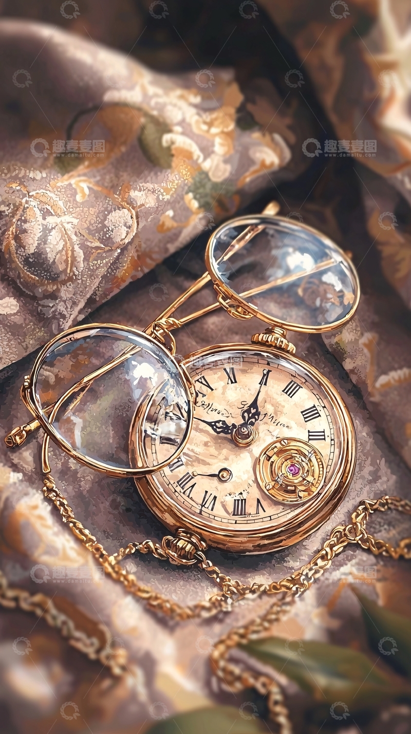 高清大图下载【趣麦麦图】复古怀表与眼镜组合