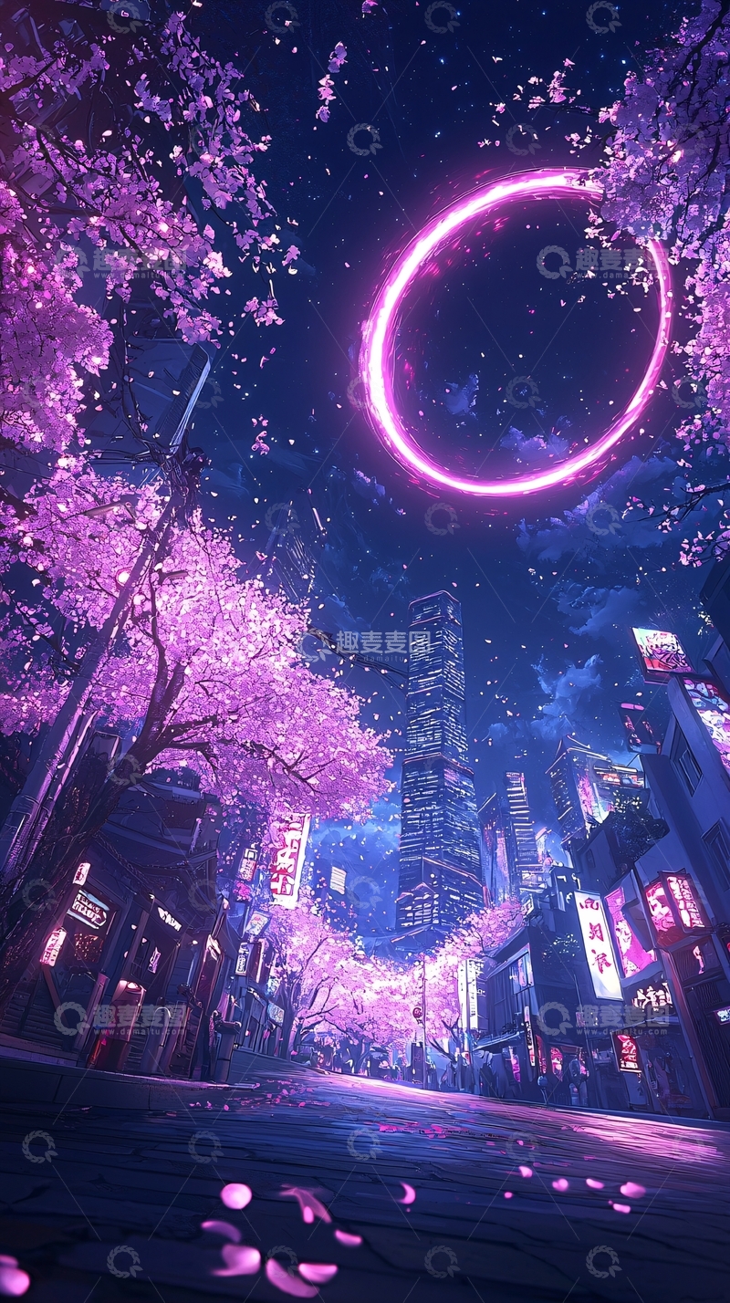 高清大图下载【趣麦麦图】樱花夜景霓虹城市