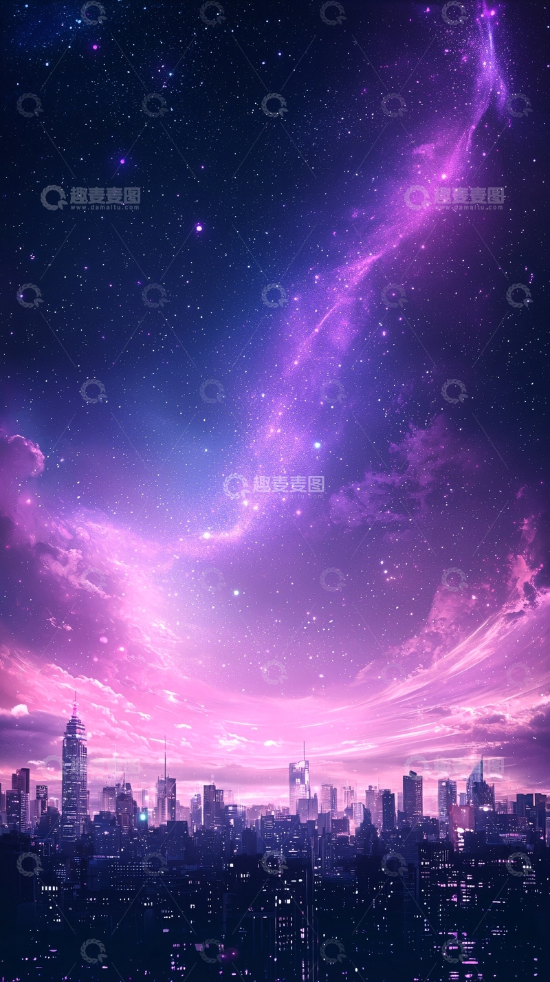 高清大图下载【趣麦麦图】梦幻星空下的未来城市夜景