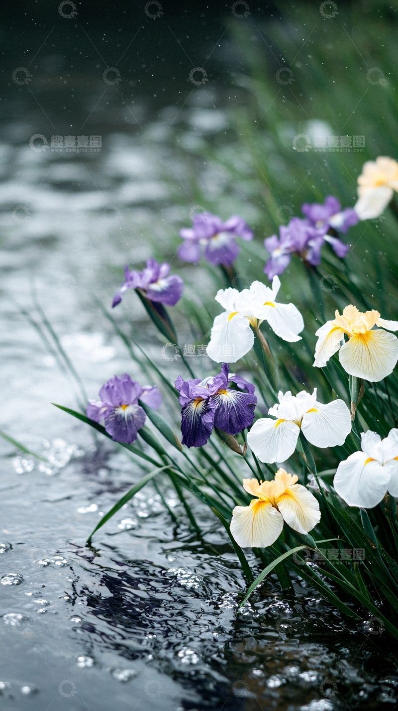 水边盛开的紫色和白色鸢尾花