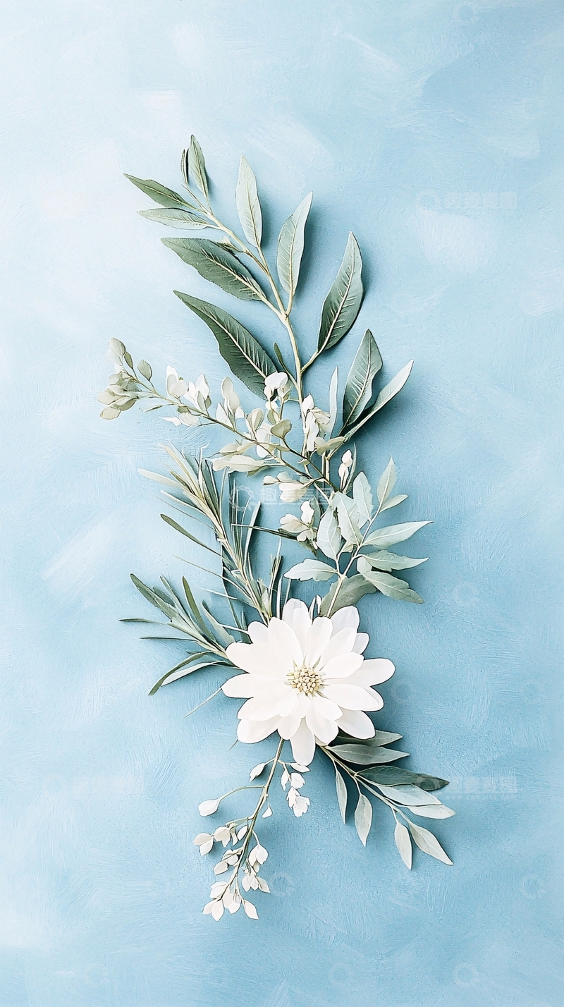 高清大图下载【趣麦麦图】清新蓝色背景上的白色花朵和绿叶排列