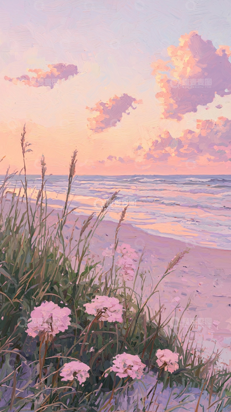 高清大图下载【趣麦麦图】夕阳海滩上的野花与海浪
